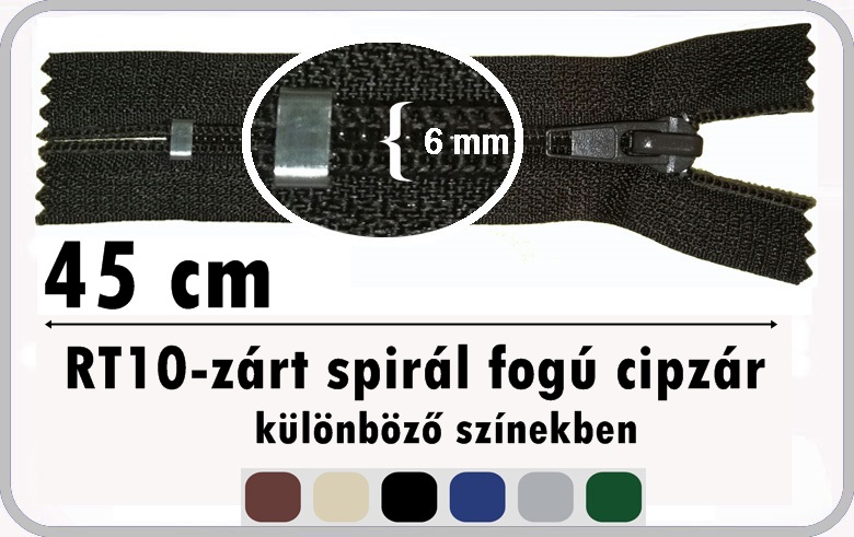 RT10 zárt cipzár 45 cm. 250 Ft/db (5 db/csomag)  